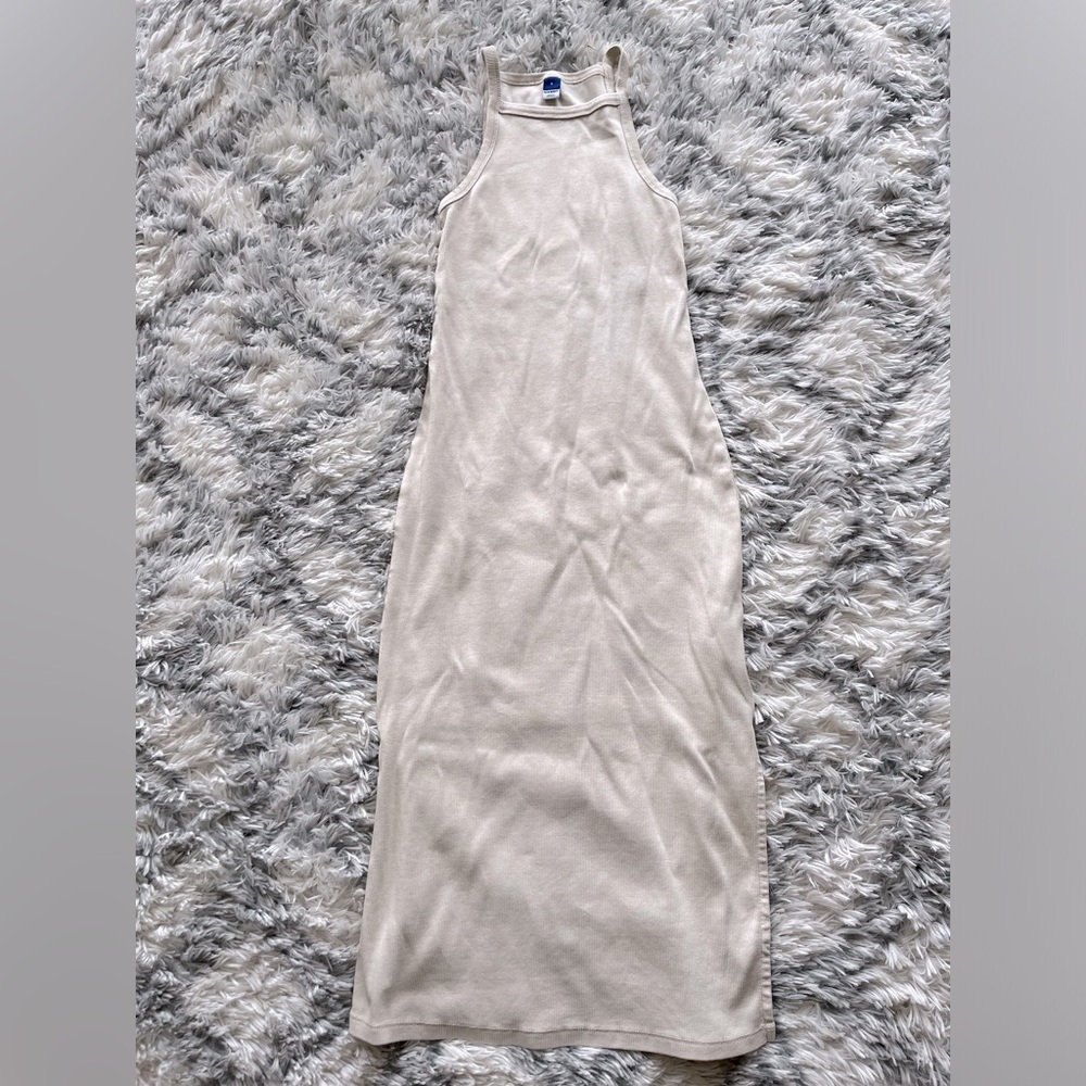 Old Navy long beige dress, slit on sides at bottom, racer back style, hugs well